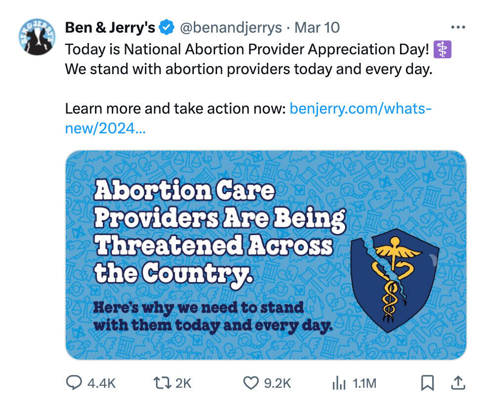 Ben & Jerry's post on X openly promoting abortion
